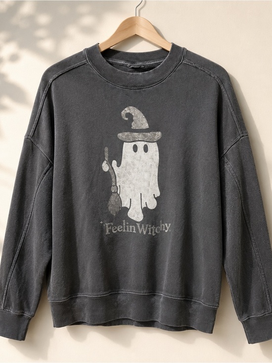 aerie Tops - Aerie Feelin’ Witchy Ghost Halloween Sweatshirt Charcoal XXS